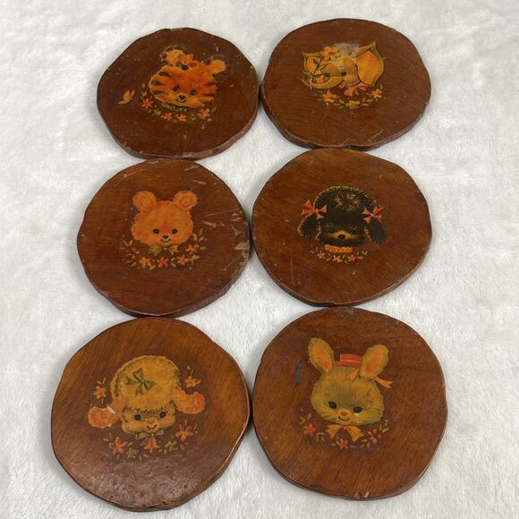Vintage Wood Coaster Set Primitive Childrens Animals Appliques 6 Coasters & Box - Picture 11 of 13